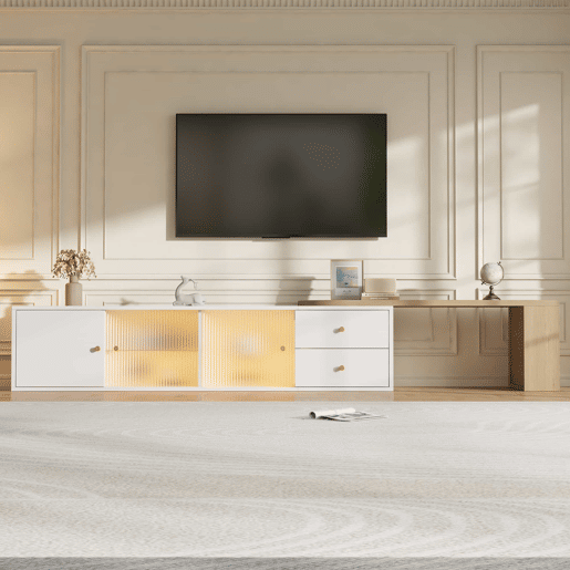 Móvel de TV de 175 cm u2013 com LED, extensível, 2 gavetas, portas de correr em vidro e prateleira lateral u2013 branco e madeira natural Móvel de TV de 175 cm u2013 com LED, extensível, 2 gavetas, portas de correr em vidro e prateleira lateral u2013 branco e madeira natural