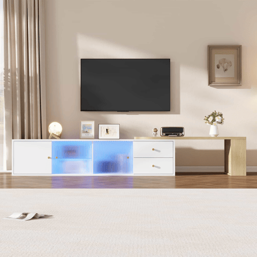 Móvel de TV de 175 cm u2013 com LED, extensível, 2 gavetas, portas de correr em vidro e prateleira lateral u2013 branco e madeira natural Móvel de TV de 175 cm u2013 com LED, extensível, 2 gavetas, portas de correr em vidro e prateleira lateral u2013 branco e madeira natural