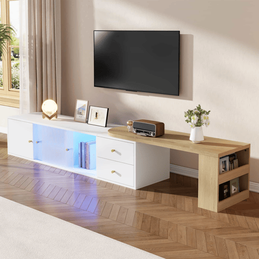 Móvel de TV de 175 cm u2013 com LED, extensível, 2 gavetas, portas de correr em vidro e prateleira lateral u2013 branco e madeira natural Móvel de TV de 175 cm u2013 com LED, extensível, 2 gavetas, portas de correr em vidro e prateleira lateral u2013 branco e madeira natural