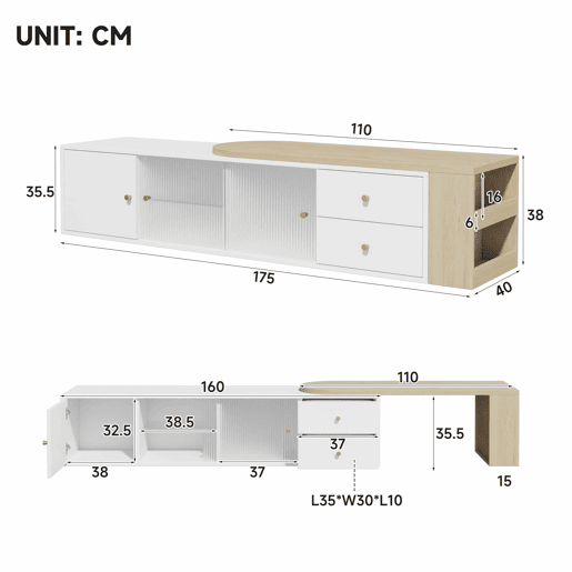 Móvel de TV de 175 cm u2013 com LED, extensível, 2 gavetas, portas de correr em vidro e prateleira lateral u2013 branco e madeira natural Móvel de TV de 175 cm u2013 com LED, extensível, 2 gavetas, portas de correr em vidro e prateleira lateral u2013 branco e madeira natural
