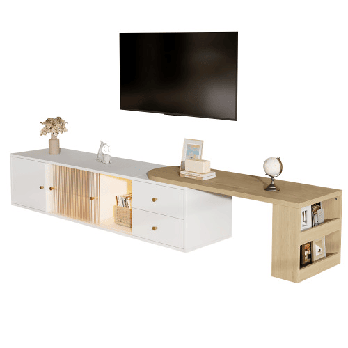 Móvel de TV de 175 cm u2013 com LED, extensível, 2 gavetas, portas de correr em vidro e prateleira lateral u2013 branco e madeira natural Móvel de TV de 175 cm u2013 com LED, extensível, 2 gavetas, portas de correr em vidro e prateleira lateral u2013 branco e madeira natural
