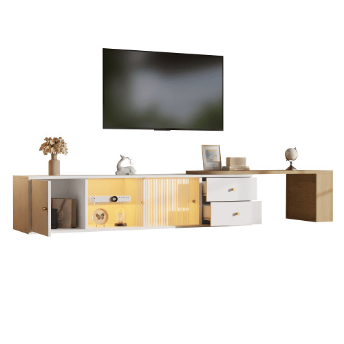 Móvel de TV de 175 cm u2013 com LED, extensível, 2 gavetas, portas de correr em vidro e prateleira lateral u2013 branco e madeira natural Móvel de TV de 175 cm u2013 com LED, extensível, 2 gavetas, portas de correr em vidro e prateleira lateral u2013 branco e madeira natural