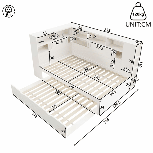 Cama-cesto infantil 90x20090x190 cm - cama auxiliar extraível, sofá-cama com arrumação e USB - Branco Cama-cesto infantil 90x20090x190 cm - cama auxiliar extraível, sofá-cama com arrumação e USB - Branco