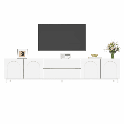 Móvel de TV de 180 cm com 4 portas e 2 gavetas - design moderno com portas curvas, pés de aço e muito espaço de arrumação - branco