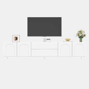 Móvel de TV de 180 cm com 4 portas e 2 gavetas - design moderno com portas curvas, pés de aço e muito espaço de arrumação - branco