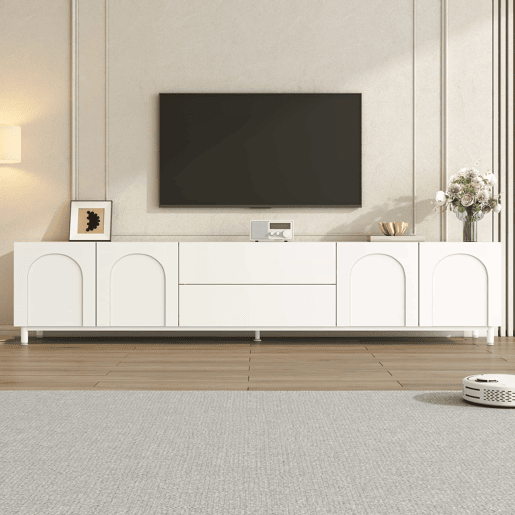 Móvel de TV de 180 cm com 4 portas e 2 gavetas - design moderno com portas curvas, pés de aço e muito espaço de arrumação - branco