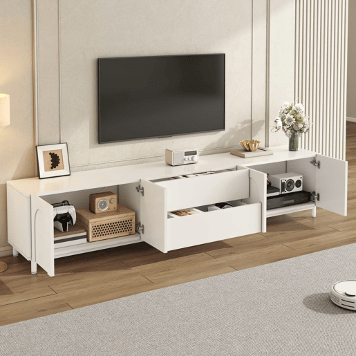 Móvel de TV de 180 cm com 4 portas e 2 gavetas - design moderno com portas curvas, pés de aço e muito espaço de arrumação - branco