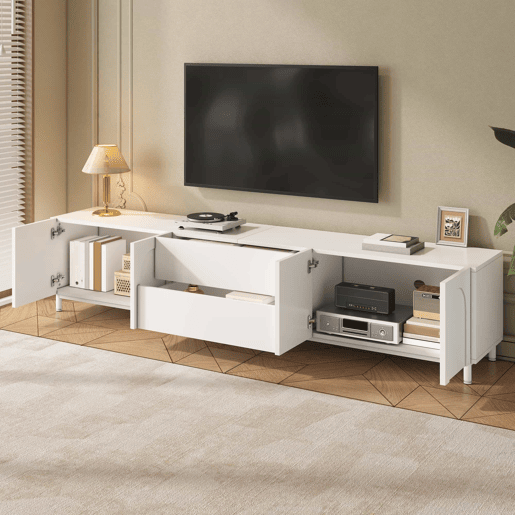 Móvel de TV de 180 cm com 4 portas e 2 gavetas - design moderno com portas curvas, pés de aço e muito espaço de arrumação - branco