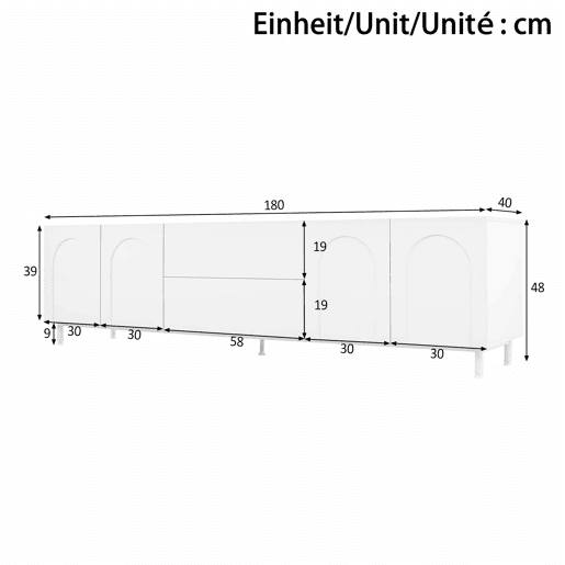 Móvel de TV de 180 cm com 4 portas e 2 gavetas - design moderno com portas curvas, pés de aço e muito espaço de arrumação - branco