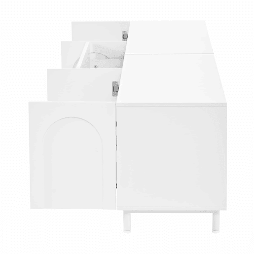 Móvel de TV de 180 cm com 4 portas e 2 gavetas - design moderno com portas curvas, pés de aço e muito espaço de arrumação - branco