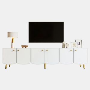 Móvel de TV de 180 cm - 6 portas, pés e puxadores dourados, design moderno para a sala e o quarto - Branco e dourado