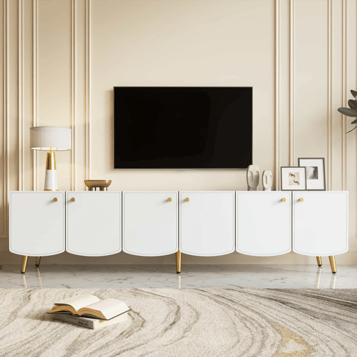 Móvel de TV de 180 cm - 6 portas, pés e puxadores dourados, design moderno para a sala e o quarto - Branco e dourado Móvel de TV de 180 cm - 6 portas, pés e puxadores dourados, design moderno para a sala e o quarto - Branco e dourado
