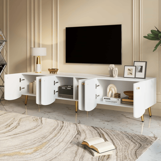 Móvel de TV de 180 cm - 6 portas, pés e puxadores dourados, design moderno para a sala e o quarto - Branco e dourado Móvel de TV de 180 cm - 6 portas, pés e puxadores dourados, design moderno para a sala e o quarto - Branco e dourado