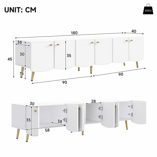 Móvel de TV de 180 cm - 6 portas, pés e puxadores dourados, design moderno para a sala e o quarto - Branco e dourado Móvel de TV de 180 cm - 6 portas, pés e puxadores dourados, design moderno para a sala e o quarto - Branco e dourado