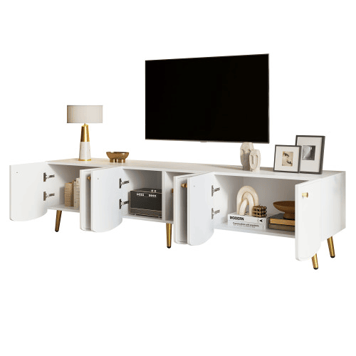 Móvel de TV de 180 cm - 6 portas, pés e puxadores dourados, design moderno para a sala e o quarto - Branco e dourado Móvel de TV de 180 cm - 6 portas, pés e puxadores dourados, design moderno para a sala e o quarto - Branco e dourado