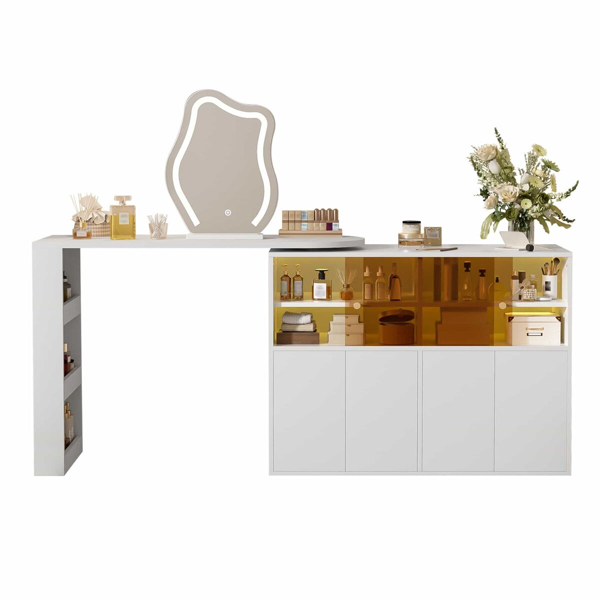 Tocador con espejo led giratorio 177x40x131,5 cm - amplio almacenamiento multinivel, mesa de maquillaje y escritorio - blanco