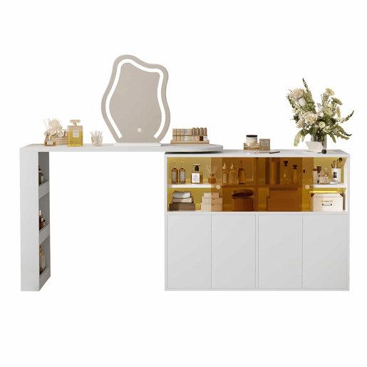 Penteadeira com espelho LED giratório 177 x 40 x 131,5 cm u2013 amplo espaço de arrumação em vários níveis, mesa de maquilhagem e secretária u2013 Branco Penteadeira com espelho LED giratório 177 x 40 x 131,5 cm u2013 amplo espaço de arrumação em vários níveis, mesa de maquilhagem e secretária u2013 Branco
