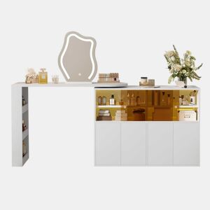 Penteadeira com espelho LED giratório 177 x 40 x 131,5 cm u2013 amplo espaço de arrumação em vários níveis, mesa de maquilhagem e secretária u2013 Branco