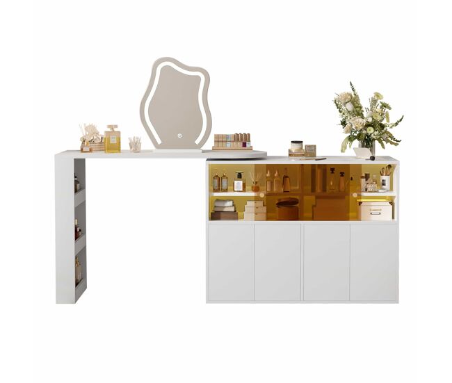 Tocador con espejo led giratorio 177x40x131,5 cm - amplio almacenamiento multinivel, mesa de maquillaje y escritorio - blanco