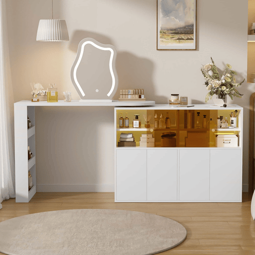 Penteadeira com espelho LED giratório 177 x 40 x 131,5 cm u2013 amplo espaço de arrumação em vários níveis, mesa de maquilhagem e secretária u2013 Branco Penteadeira com espelho LED giratório 177 x 40 x 131,5 cm u2013 amplo espaço de arrumação em vários níveis, mesa de maquilhagem e secretária u2013 Branco