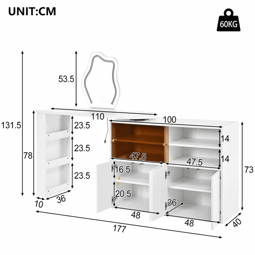 Penteadeira com espelho LED giratório 177 x 40 x 131,5 cm u2013 amplo espaço de arrumação em vários níveis, mesa de maquilhagem e secretária u2013 Branco Penteadeira com espelho LED giratório 177 x 40 x 131,5 cm u2013 amplo espaço de arrumação em vários níveis, mesa de maquilhagem e secretária u2013 Branco