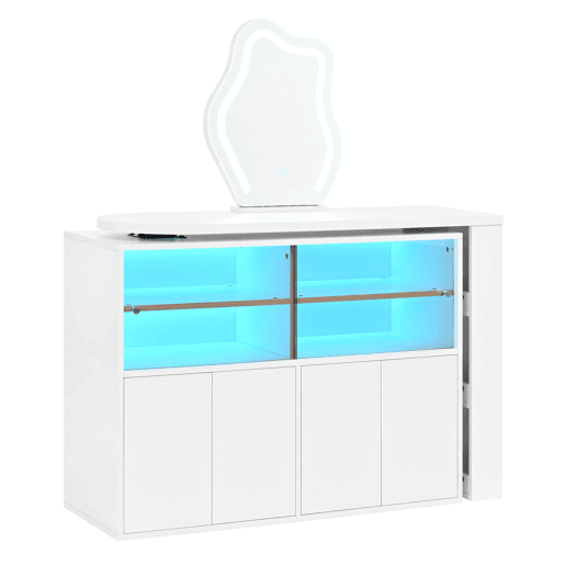 Penteadeira com espelho LED giratório 177 x 40 x 131,5 cm u2013 amplo espaço de arrumação em vários níveis, mesa de maquilhagem e secretária u2013 Branco Penteadeira com espelho LED giratório 177 x 40 x 131,5 cm u2013 amplo espaço de arrumação em vários níveis, mesa de maquilhagem e secretária u2013 Branco