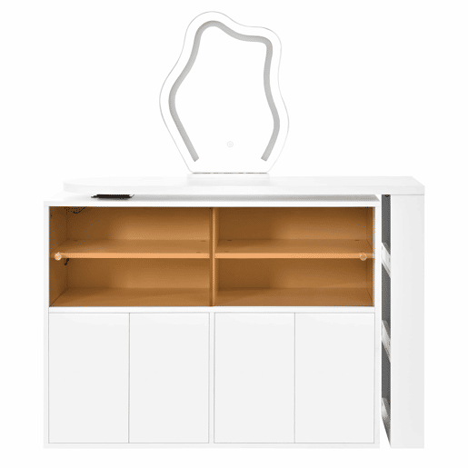 Penteadeira com espelho LED giratório 177 x 40 x 131,5 cm u2013 amplo espaço de arrumação em vários níveis, mesa de maquilhagem e secretária u2013 Branco Penteadeira com espelho LED giratório 177 x 40 x 131,5 cm u2013 amplo espaço de arrumação em vários níveis, mesa de maquilhagem e secretária u2013 Branco