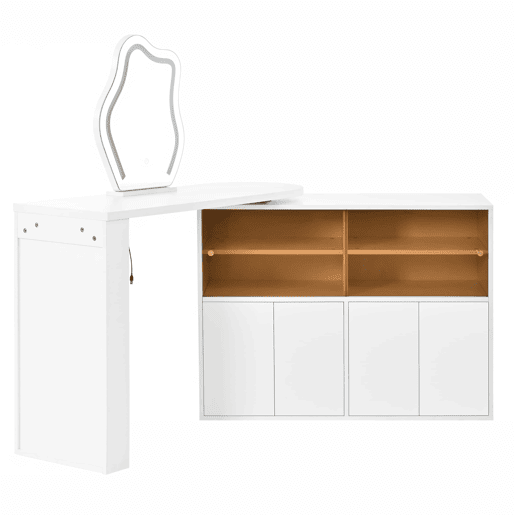 Penteadeira com espelho LED giratório 177 x 40 x 131,5 cm u2013 amplo espaço de arrumação em vários níveis, mesa de maquilhagem e secretária u2013 Branco Penteadeira com espelho LED giratório 177 x 40 x 131,5 cm u2013 amplo espaço de arrumação em vários níveis, mesa de maquilhagem e secretária u2013 Branco