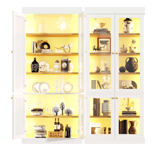 Vitrine alta de 180 cm u2013 com iluminação LED, portas de vidro, muito espaço de arrumação e sistema anti-tombamento u2013 Branco