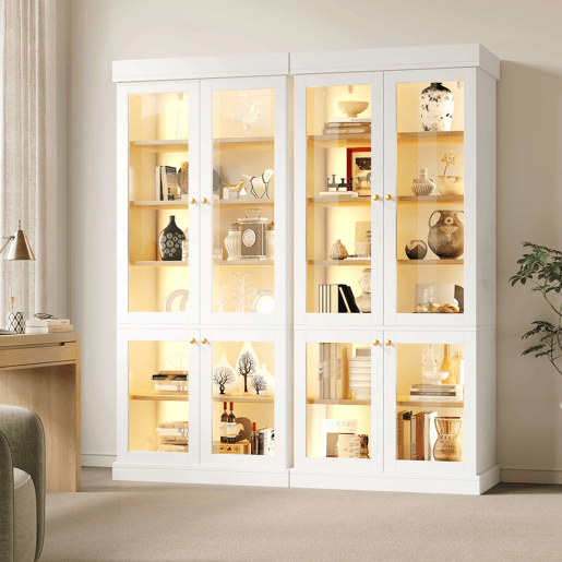 Vitrine alta de 180 cm u2013 com iluminação LED, portas de vidro, muito espaço de arrumação e sistema anti-tombamento u2013 Branco