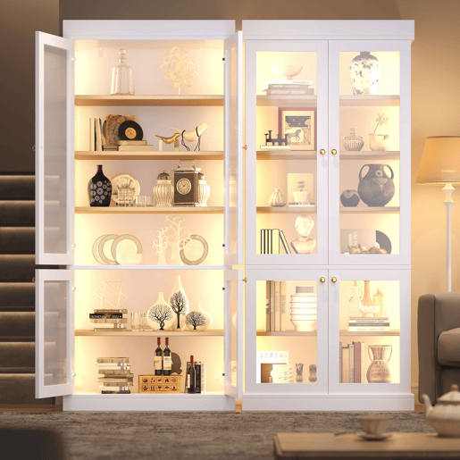 Vitrine alta de 180 cm u2013 com iluminação LED, portas de vidro, muito espaço de arrumação e sistema anti-tombamento u2013 Branco