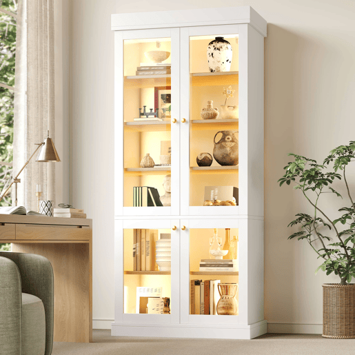 Vitrine alta de 180 cm u2013 com iluminação LED, portas de vidro, muito espaço de arrumação e sistema anti-tombamento u2013 Branco