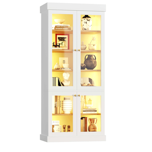 Vitrine alta de 180 cm u2013 com iluminação LED, portas de vidro, muito espaço de arrumação e sistema anti-tombamento u2013 Branco