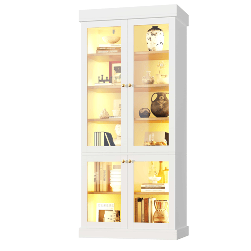 Vitrine alta de 180 cm u2013 com iluminação LED, portas de vidro, muito espaço de arrumação e sistema anti-tombamento u2013 Branco