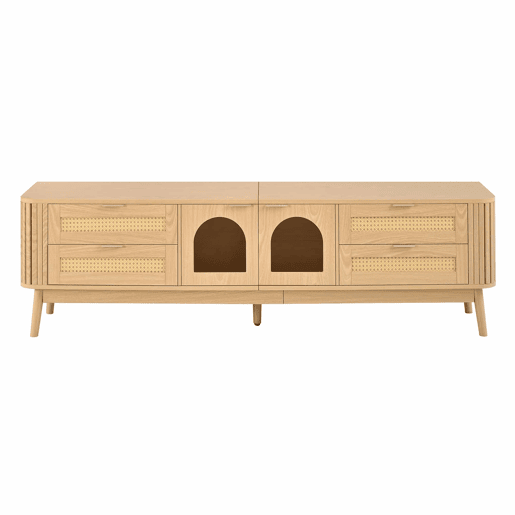 Móvel de TV de 180 cm - portas de vidro curvas, iluminação LED APP, 4 gavetas, pés de madeira maciça - Natural Móvel de TV de 180 cm - portas de vidro curvas, iluminação LED APP, 4 gavetas, pés de madeira maciça - Natural