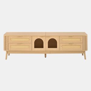 Móvel de TV de 180 cm - portas de vidro curvas, iluminação LED APP, 4 gavetas, pés de madeira maciça - Natural
