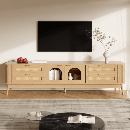 Móvel de TV de 180 cm - portas de vidro curvas, iluminação LED APP, 4 gavetas, pés de madeira maciça - Natural Móvel de TV de 180 cm - portas de vidro curvas, iluminação LED APP, 4 gavetas, pés de madeira maciça - Natural