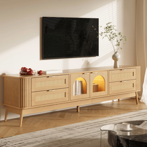 Móvel de TV de 180 cm - portas de vidro curvas, iluminação LED APP, 4 gavetas, pés de madeira maciça - Natural Móvel de TV de 180 cm - portas de vidro curvas, iluminação LED APP, 4 gavetas, pés de madeira maciça - Natural