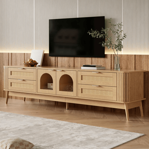 Móvel de TV de 180 cm - portas de vidro curvas, iluminação LED APP, 4 gavetas, pés de madeira maciça - Natural Móvel de TV de 180 cm - portas de vidro curvas, iluminação LED APP, 4 gavetas, pés de madeira maciça - Natural