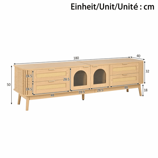 Móvel de TV de 180 cm - portas de vidro curvas, iluminação LED APP, 4 gavetas, pés de madeira maciça - Natural Móvel de TV de 180 cm - portas de vidro curvas, iluminação LED APP, 4 gavetas, pés de madeira maciça - Natural