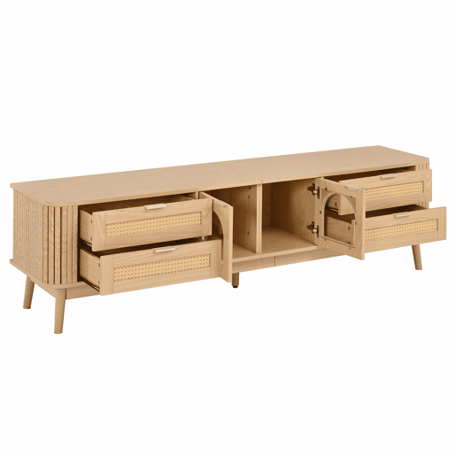 Móvel de TV de 180 cm - portas de vidro curvas, iluminação LED APP, 4 gavetas, pés de madeira maciça - Natural Móvel de TV de 180 cm - portas de vidro curvas, iluminação LED APP, 4 gavetas, pés de madeira maciça - Natural
