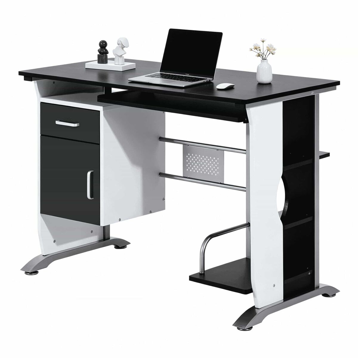 Escritorio oficina - diseño moderno con múltiples espacios de almacenamiento - negro, plata y blanco