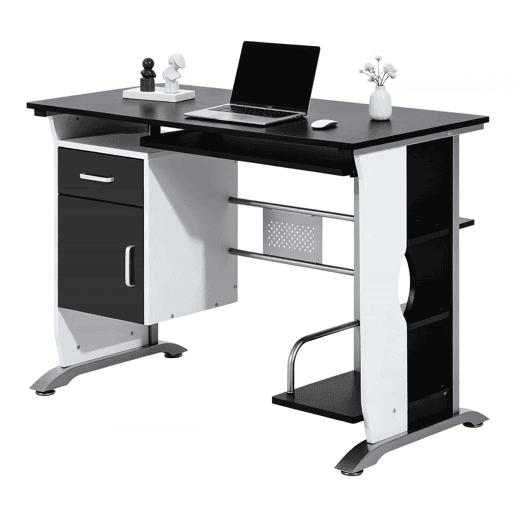 Secretária de escritório - Design moderno com vários espaços de arrumação - Preto, prateado e branco Secretária de escritório - Design moderno com vários espaços de arrumação - Preto, prateado e branco