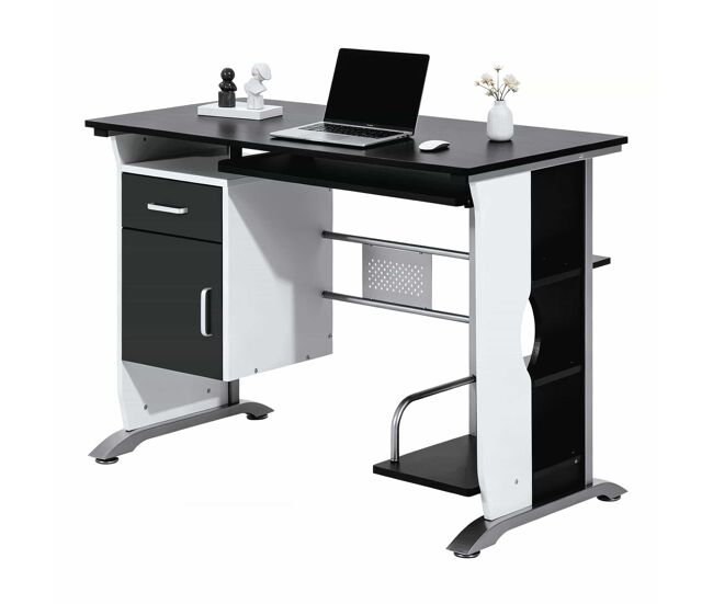 Escritorio oficina - diseño moderno con múltiples espacios de almacenamiento - negro, plata y blanco