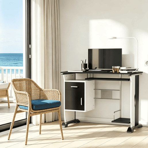 Secretária de escritório - Design moderno com vários espaços de arrumação - Preto, prateado e branco Secretária de escritório - Design moderno com vários espaços de arrumação - Preto, prateado e branco