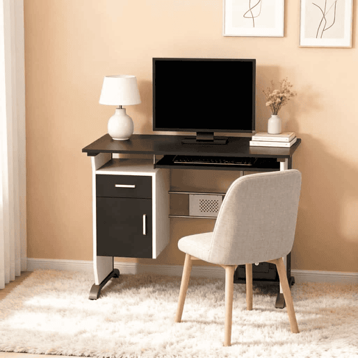 Secretária de escritório - Design moderno com vários espaços de arrumação - Preto, prateado e branco Secretária de escritório - Design moderno com vários espaços de arrumação - Preto, prateado e branco