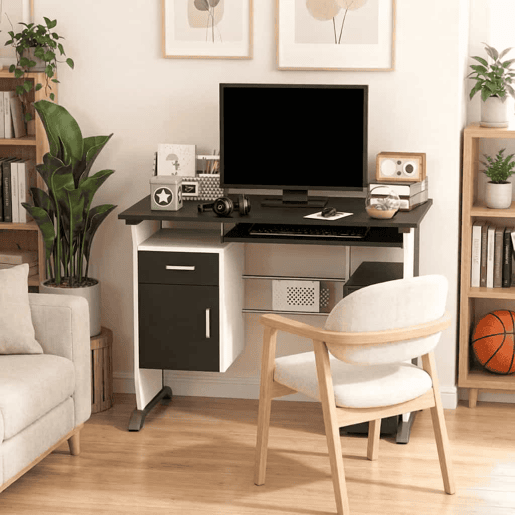 Secretária de escritório - Design moderno com vários espaços de arrumação - Preto, prateado e branco Secretária de escritório - Design moderno com vários espaços de arrumação - Preto, prateado e branco