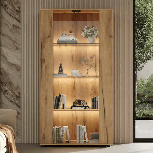 Vitrine 80×36×150,5 cm - 2 portas de vidro, 4 prateleiras, iluminação LED regulável - Natural Vitrine 80×36×150,5 cm - 2 portas de vidro, 4 prateleiras, iluminação LED regulável - Natural