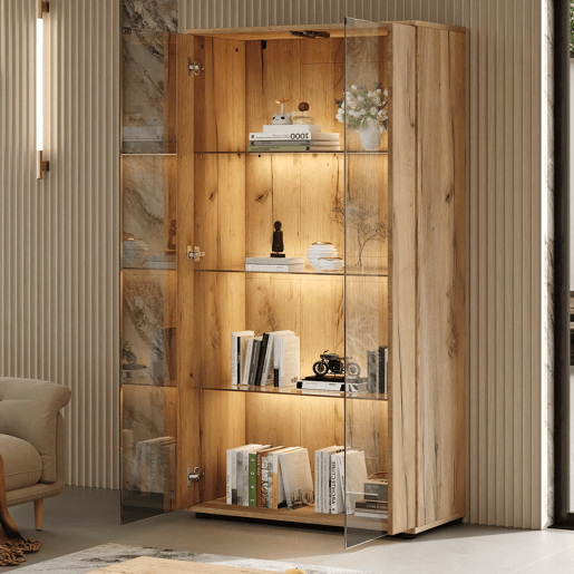 Vitrine 80×36×150,5 cm - 2 portas de vidro, 4 prateleiras, iluminação LED regulável - Natural Vitrine 80×36×150,5 cm - 2 portas de vidro, 4 prateleiras, iluminação LED regulável - Natural