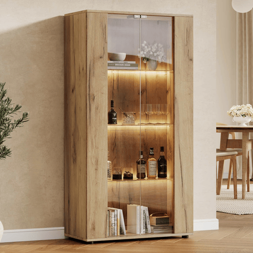 Vitrine 80×36×150,5 cm - 2 portas de vidro, 4 prateleiras, iluminação LED regulável - Natural Vitrine 80×36×150,5 cm - 2 portas de vidro, 4 prateleiras, iluminação LED regulável - Natural